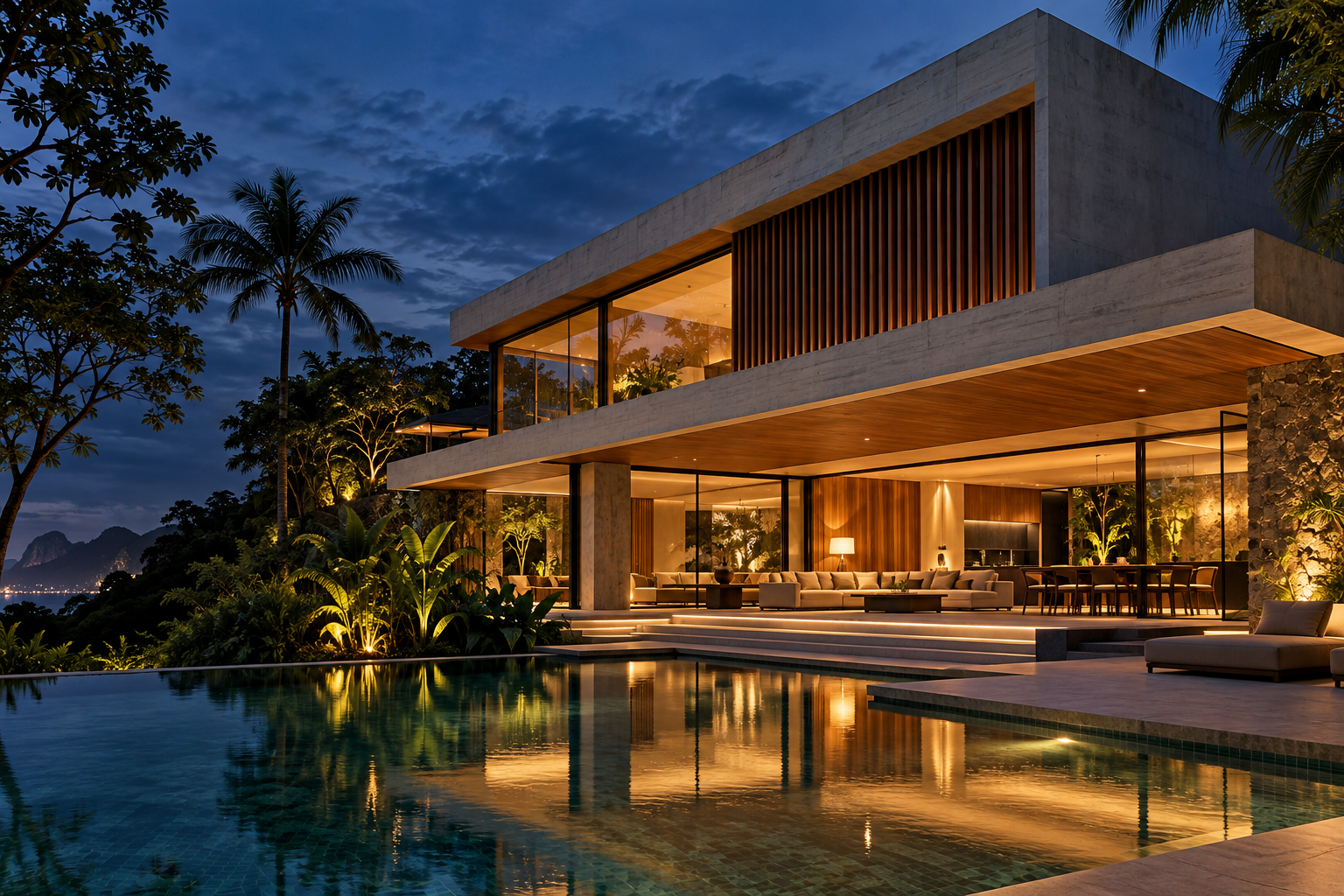 Imagem conceitual de residência contemporânea ao entardecer, com concreto, madeira e piscina