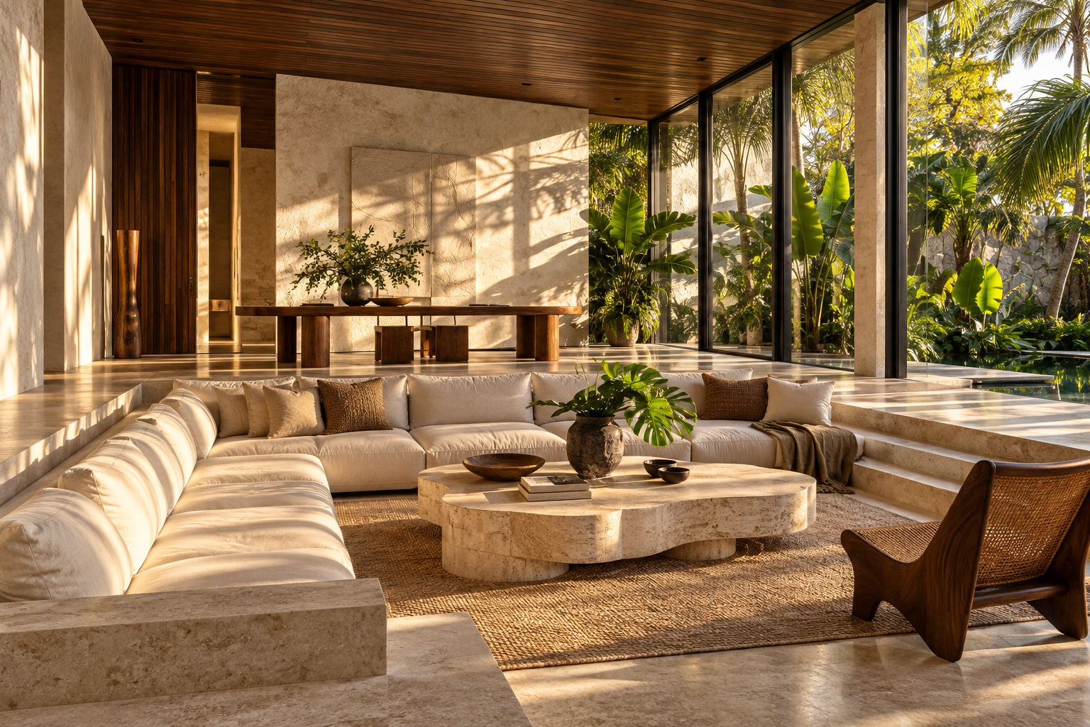 Imagem conceitual de sala contemporânea com luz natural, madeira e tecidos claros
